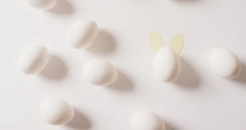 Multiple white easter eggs with rabbit ears on white background Stock Footage 331246017