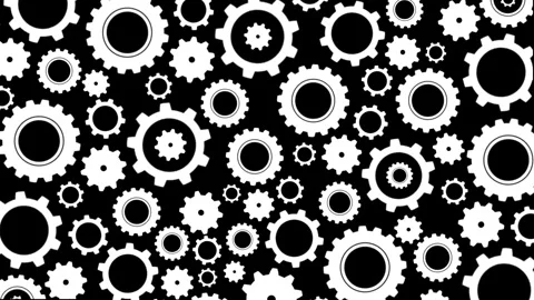 Multiple white mechanical gears rotate against a black background Stock Footage 333875906