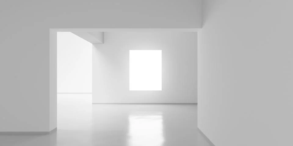 Multiple white rooms or gallery background with area light on the wall, mod.. Stock Illustration
