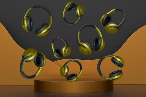 Multiple wireless headphones floating above platform or podium on abstract Stock Illustration