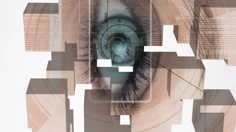 Multiple wooden blocks over close up of female eye against grey background Video stock 313370032