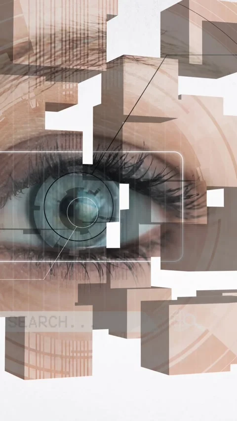 Multiple wooden blocks over close up of female eye against grey background Video stock 319975362