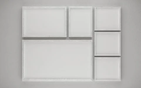 Multiple wooden picture frames to add your content on a white wall background 3d Stock Illustration