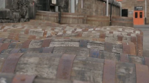 Multiple Wooden Whiskey Casks Lined Up 動画素材 97615852