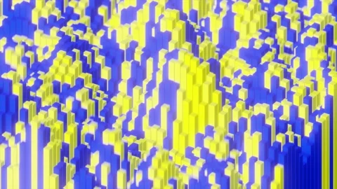 Multiple yellow and blue blocks, cubes, clusters illuminated in dark background Stock Footage 231727121