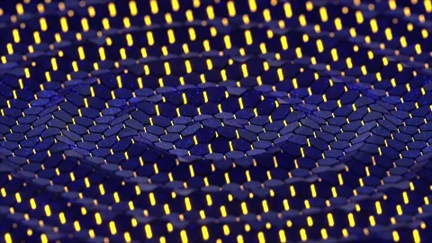 Multiple yellow and blue wavy circles, illuminated data clusters in dark Video stock 232429724