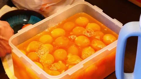 Multiple yellow egg yolks submerged inside a clear rectangular plastic container Stock Photos