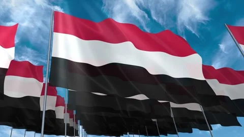 Multiple Yemen flags seamless looping waving on blue sky Stock Footage 343685762