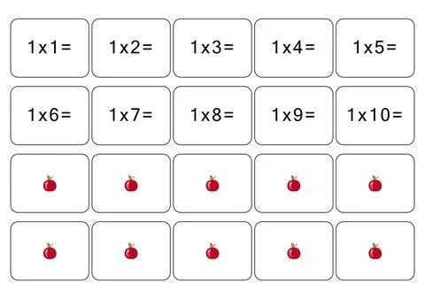 Multiplication and division table of 1. Maths card with an example, drawing Stock Illustration