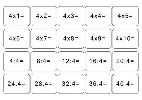 Multiplication and division table of 4. Maths card with an example, drawing 스톡 일러스트