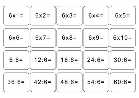 Multiplication and division table of 6. Maths card with an example, drawing Stock Illustration