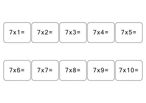 Multiplication and division table of 7. Maths card with an example, drawing Stock Illustration