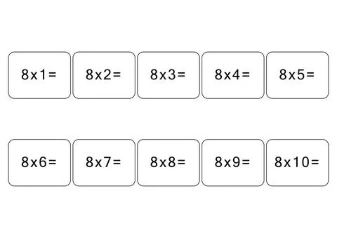 Multiplication and division table of 8. Maths card with an example, drawing Illustrazione stock