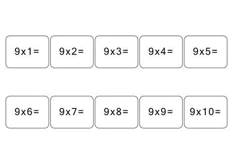 Multiplication and division table of 9. Maths card with an example, drawing Stock Illustration