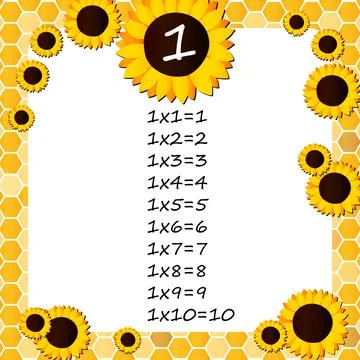 Multiplication Square. School vector illustration with sunflowers and honeycomb Stock Illustration