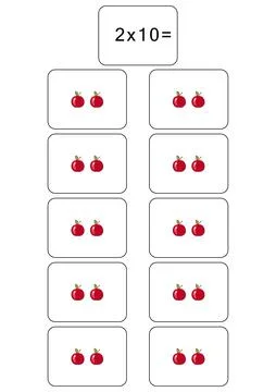 Multiplication table of 2. Maths card with an example, drawing. Multiplication Ilustración de archivo