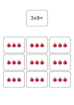 Multiplication table of 3. Maths card with an example, drawing. Multiplication Illustrazione stock