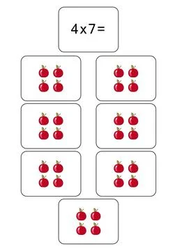 Multiplication table of 4. Maths card with an example, drawing.Multiplication Stock Illustration