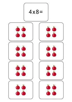 Multiplication table of 4. Maths card with an example, drawing.Multiplication Stock Illustration