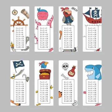 Multiplication table with cute Pirates items, Cartoon Pirate elements bookmar Stockillustratie