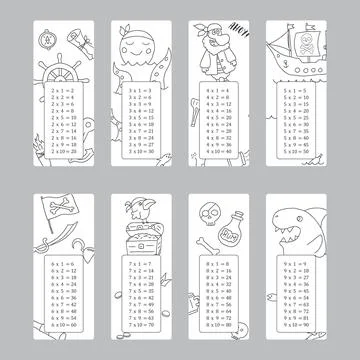 Multiplication table with cute Pirates items, Cartoon Pirate elements bookmar Stock Illustration