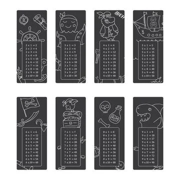 Multiplication table with cute Pirates items, Cartoon Pirate elements bookmar Stock Illustration