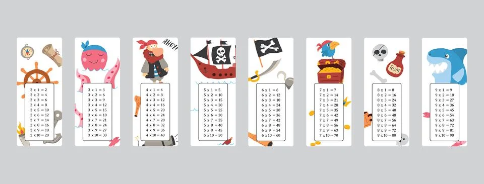 Multiplication table with cute Pirates items, Cartoon Pirate elements bookmar 스톡 일러스트