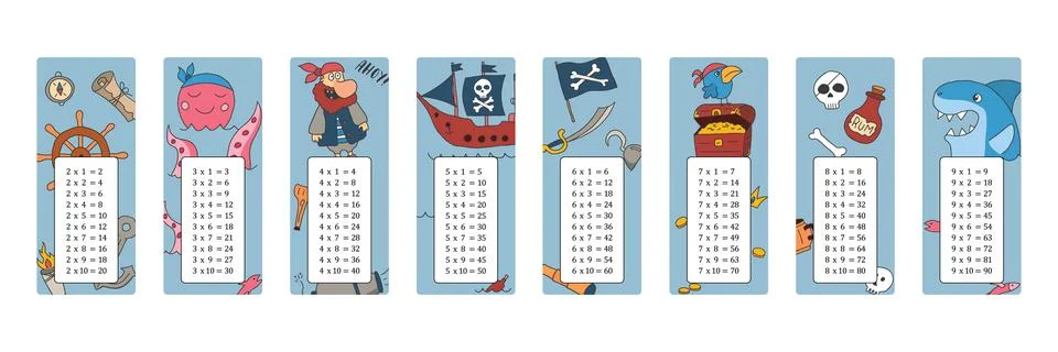 Multiplication table with cute Pirates items, Cartoon Pirate elements bookmar Stock Illustration