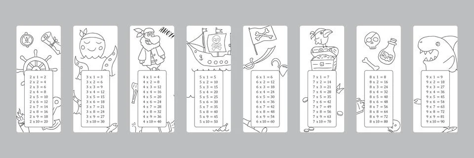 Multiplication table with cute Pirates items, Cartoon Pirate elements bookmar Stock Illustration