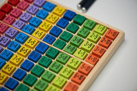 Multiplication table . Macro mode. Colored wooden cubes.Teaching children math Stock Photos