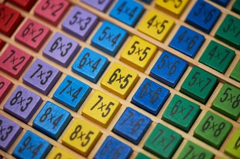Multiplication table . Macro mode. Colored wooden cubes.Teaching children math Foto stock
