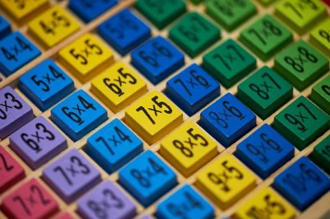 Multiplication table . Macro mode. Colored wooden cubes.Teaching children math Photos