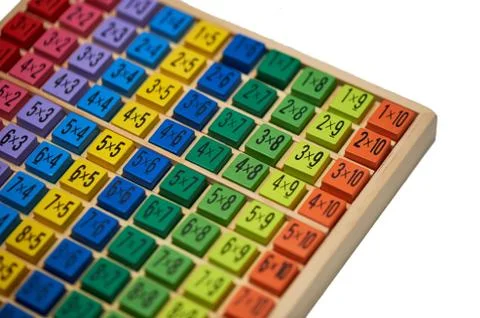 Multiplication table . Macro mode. Colored wooden cubes.Teaching children math Stock Photos