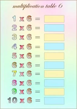 Multiplication table of six with empty space to write Stock Illustration