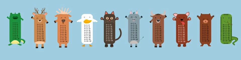 Multiplication table with square animals. Printed bookmarks or stickers with Stock Illustration