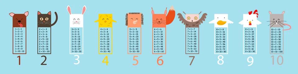 Multiplication table with square animals. Printed bookmarks or stickers with Stock Illustration