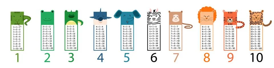 Multiplication table with square animals. Printed bookmarks or stickers with Stock Illustration