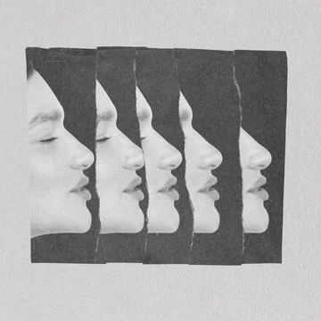 Multiply model face on torn paper strips Stock Illustration