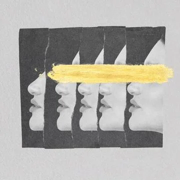 Multiply model face on torn paper strips with golden paint stroke Stock Illustration