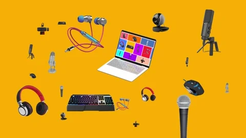 Multiproducts in laptop  4k 60 fps headphone, mouse and keyboard animation Stock Footage 201494441