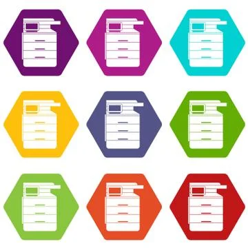 Multipurpose device, fax, copier and scanner icon set color hexahedron Stock Illustration