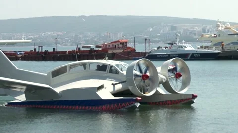 Multipurpose high-speed vessel on dynamic air cushion Oriole. Ekranoplan floats. Stock Footage 130965286