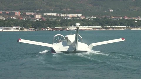 Multipurpose high-speed vessel on dynamic air cushion Oriole. Ekranoplan floats. Stock Footage 130965294
