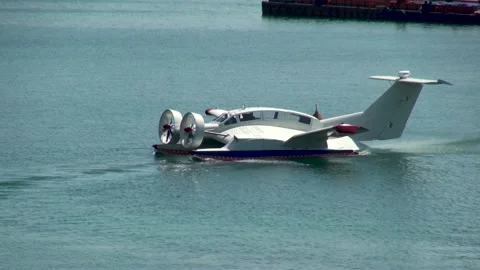 Multipurpose high-speed vessel on dynamic air cushion Oriole. Ekranoplan floats. Stock Footage 135263090