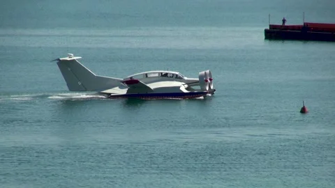 Multipurpose high-speed vessel on dynamic air cushion Oriole. Ekranoplan floats. Stock Footage 135263151