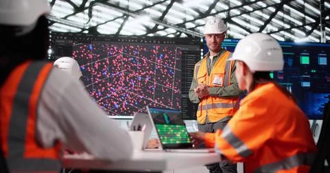 Multiracial AI Presenter Teaching Engineers Big Data For Industrial Automatio Stock Photos