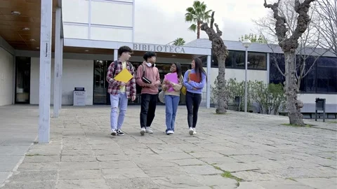 Multiracial college students walking in campus laughing.Education. 4k video. Stock Footage 234656359