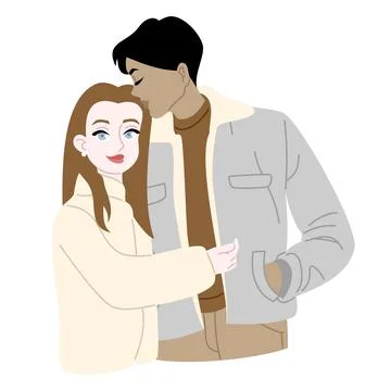 Multiracial Couple Flat Vector Illustration, Modern People Characters Ilustração Stock