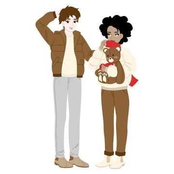 Multiracial Couple with Teddy Bear Flat Vector Illustration Ilustração Stock