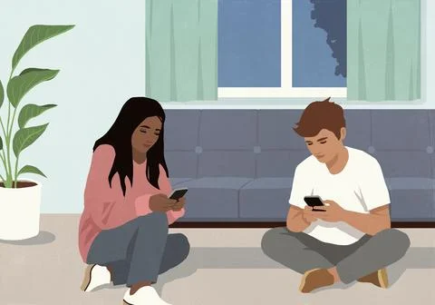 Multiracial couple using smart phones at living room sofa at night Ilustração Stock